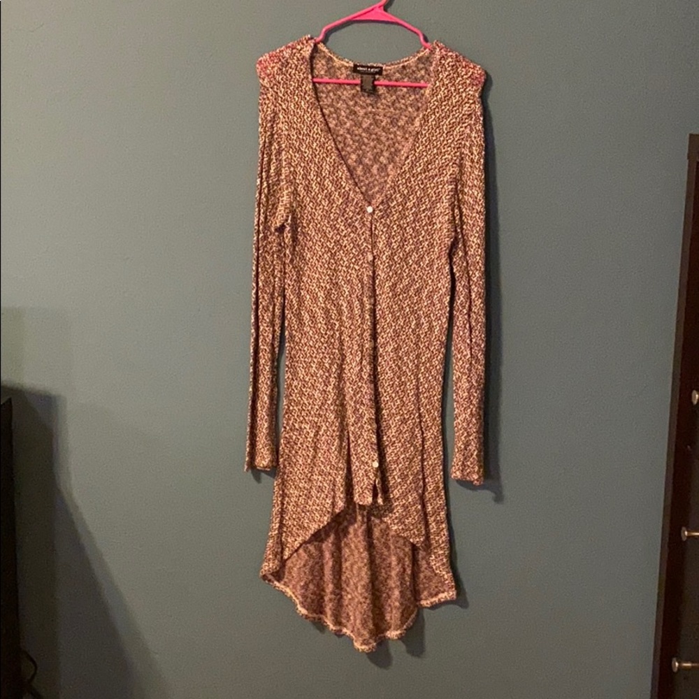 Maroon white and tan asymmetrical cardigan sweater